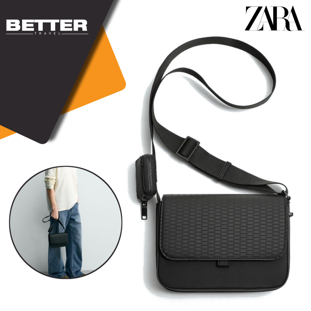 ZARA tas selempang flap pria crossbody bag kasual formal sling bag full hitam dengan tas mini koin