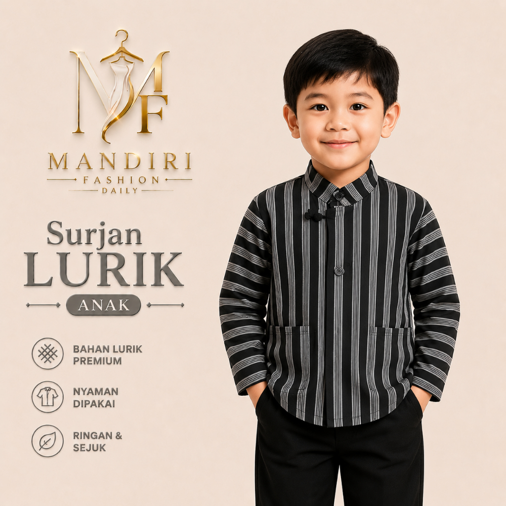Surjan Lurik Premium Pria Anak Abu-Abu | Atasan Baju Adat Jawa Modern | Bahan Lurik Premium