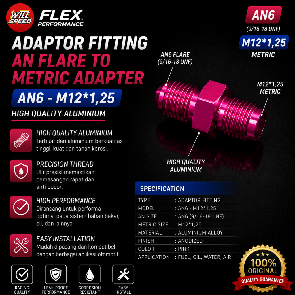 ADAPTOR ADAPTER FITTING FLEX AN FLARE TO METRIC ADAPTER  AN6 - M14*1,25