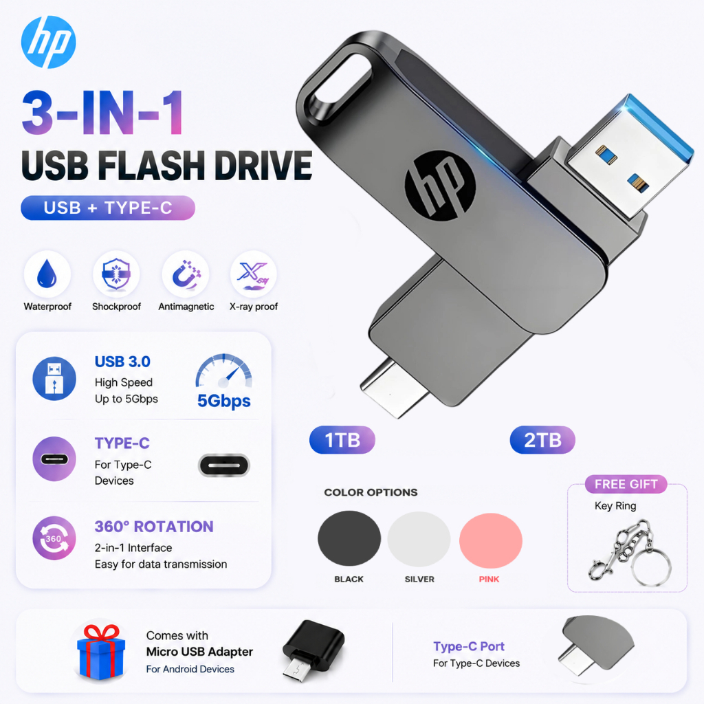 Original Flashdisk USB 3.0 OTG Flash Drive Type-c Storage Disk Data Drive 1TB 2TB 3-in-1 Android Mic