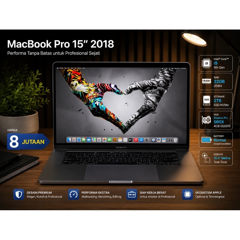 MACBOOK PRO 15INCH 2018 CTO DUAL VGA | CORE I9 | RAM 32GB | SSD 2TB | GOOD