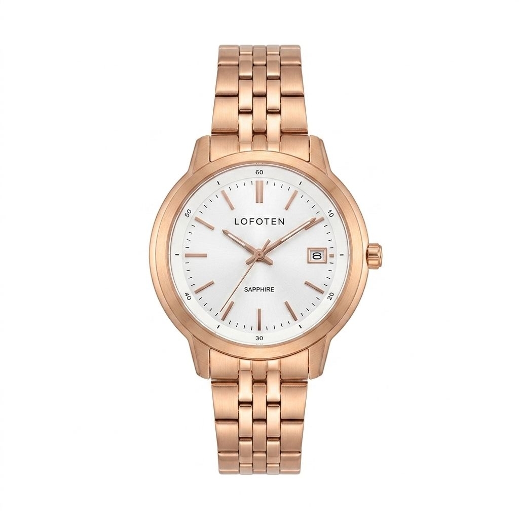Jam Tangan Lofoten F-8110L Rantai Rosegold Dasar Putih Cewek Original