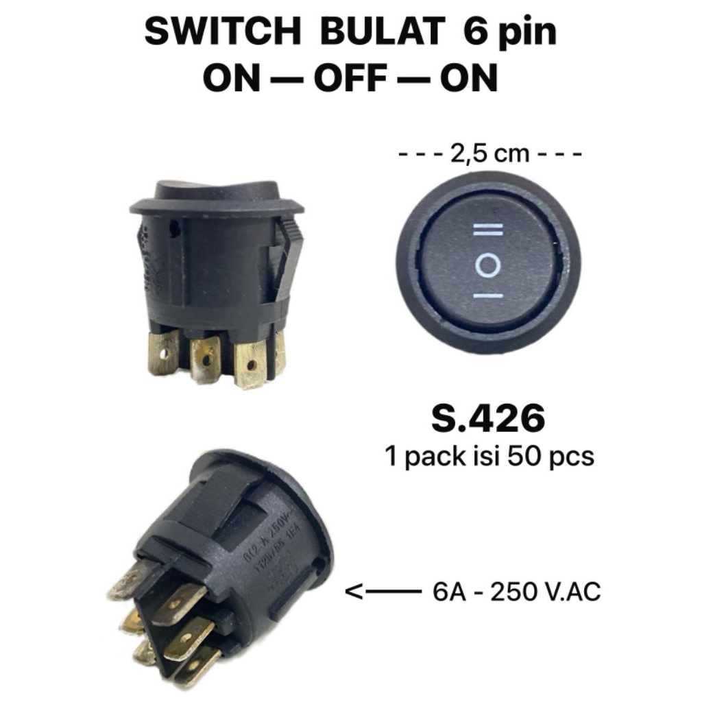 Saklar Rocker Bulat Hitam Mini 6 Pin / Kaki On Off On Rocker