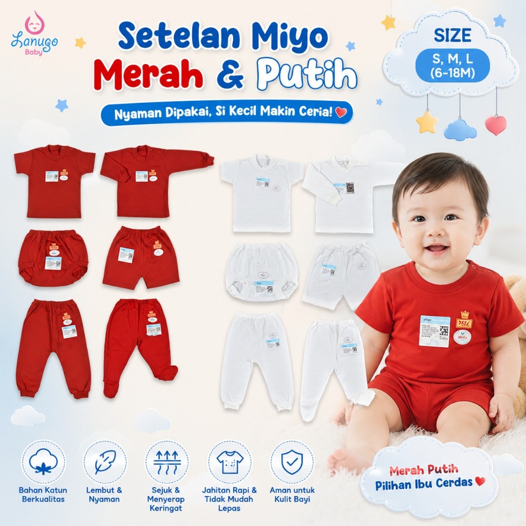 MIYO 1 Pcs Merah Putih Celana Pendek Panjang Oblong Panjang Pendek S,M,L (6-18M) Setelan Miyo | Perl