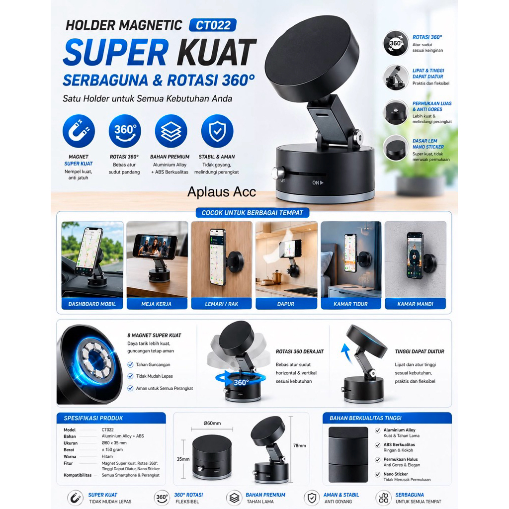 (GROSIRAN) Vacuum Magnetic Phone Holder HP CT-022 Multifungsi 360°  Rotation Mobil Meja Stiker Kuat Anti Jatuh Tahan Panas & Getaran   Buatin deskripsi produknya