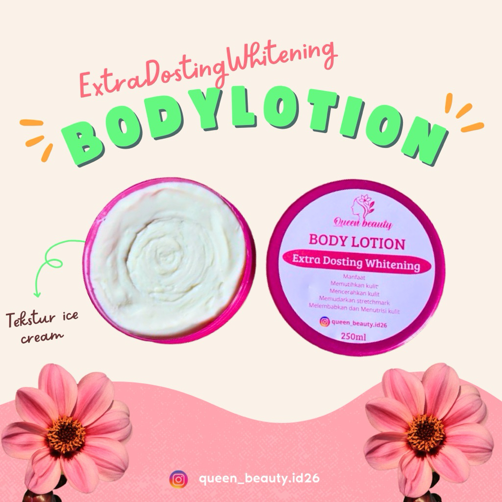 Lotion Pemutih Kulit Queen beauty Body Lotion Extra Dosting 250ml - Mencerahkan, Melembabkan, Merata
