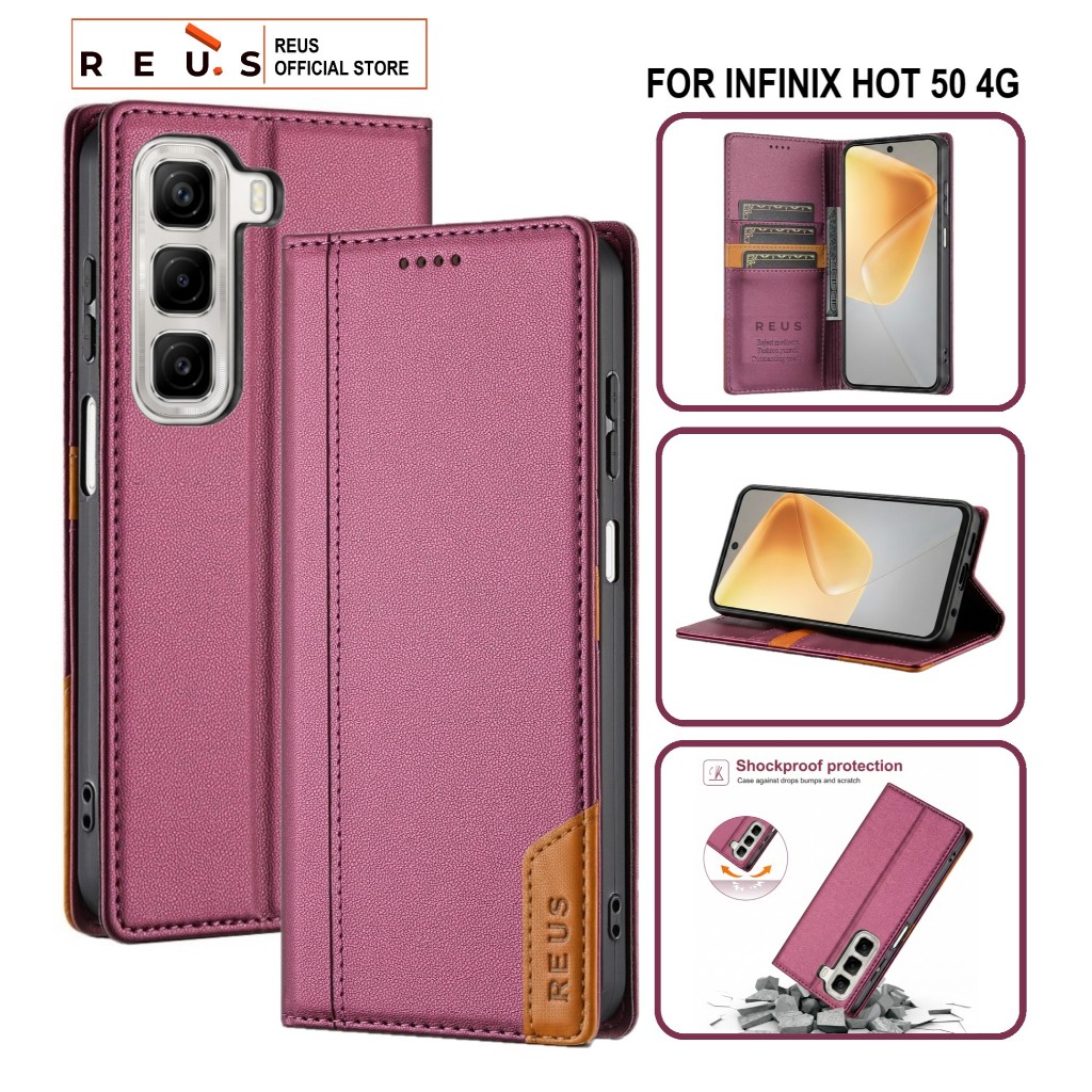 Reus Leather Case Flip Infinix Hot 50 4g Premium Magnet Shockproof Cover - REUS Official Store