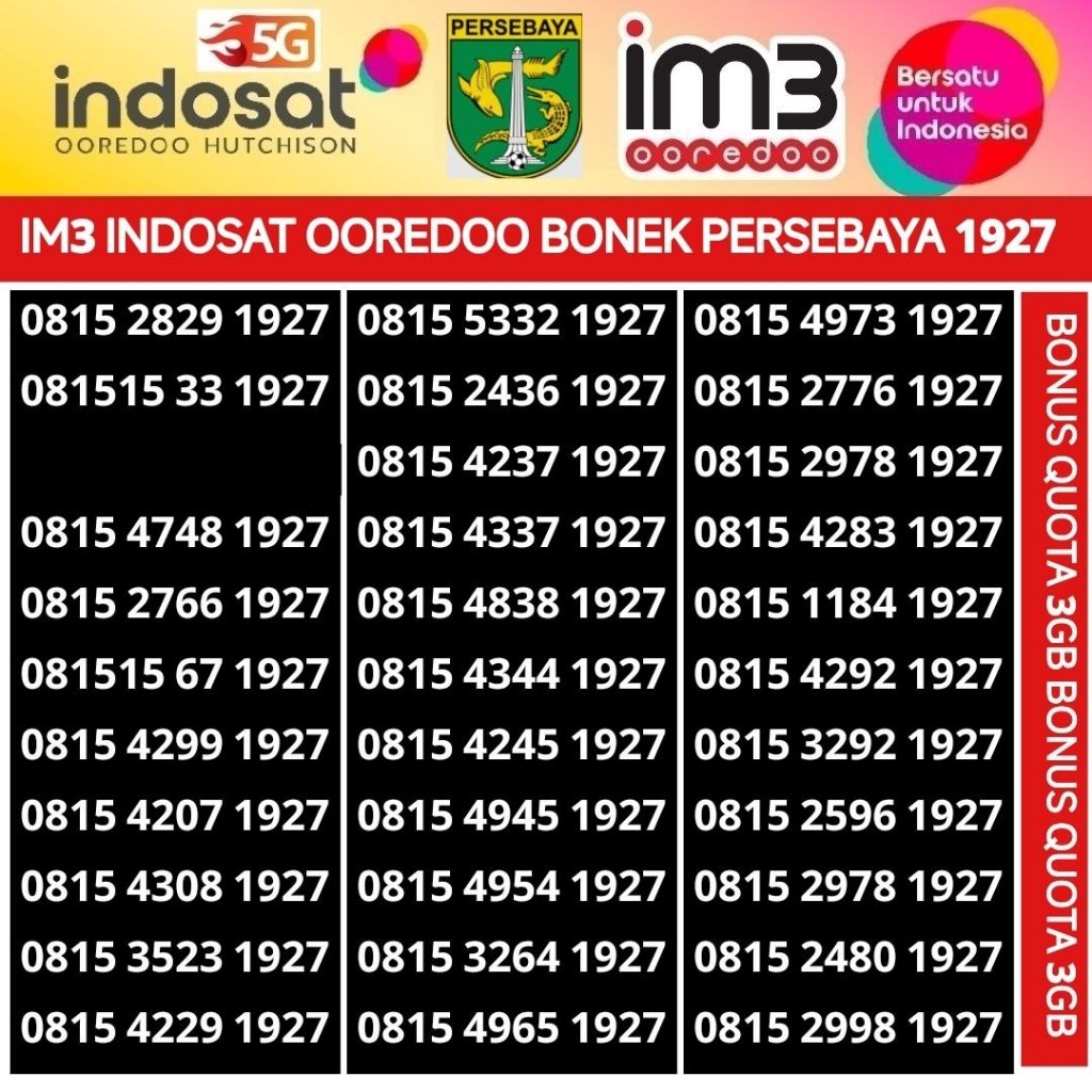 BONEK PERSEBAYA 1927 SURABAYA im3 indosat ooredoo nomor cantik kartu perdana nomer 4G 5G ready bonus