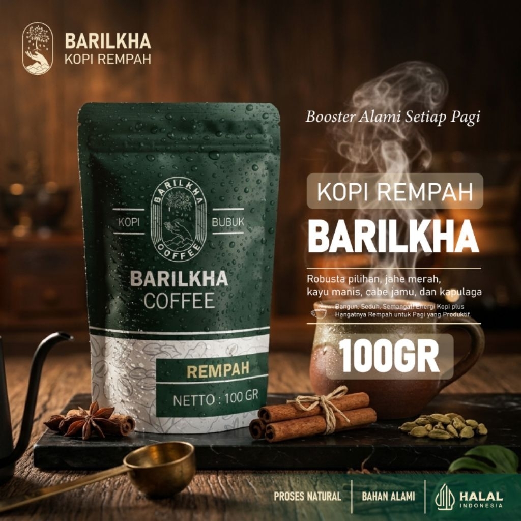 Kopi Bubuk Robusta Rempah Barilkha Coffee Natural Jahe Merah Kapulaga Halal 100gr