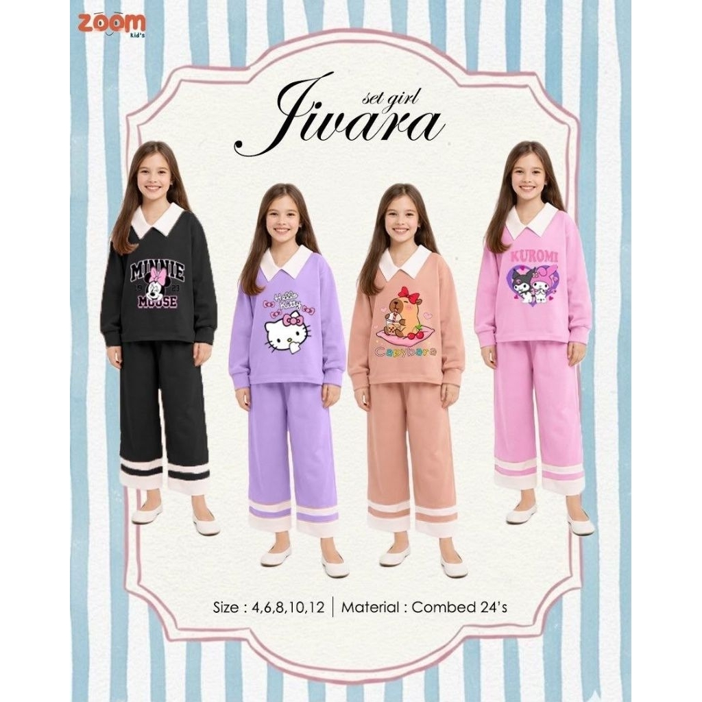 Po‼️ Zoom Kids Set Kaos Panjang Jivara Kerah Anak Cewek Cute 4 - 12 Tahun Capybara Premium /Terbatas
