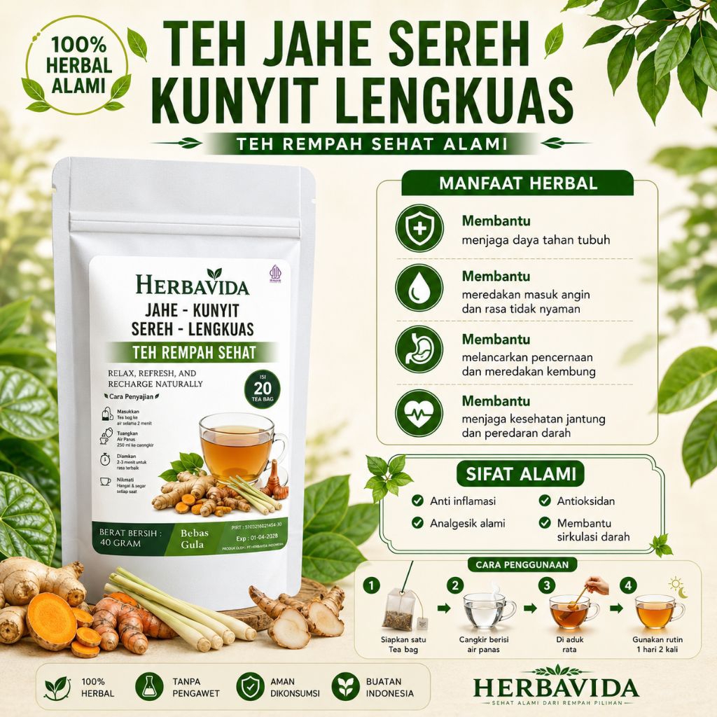 Teh Serai Jahe Kunyit & Lengkuas – Herbal Hangat Redakan Masuk Angin & Perut Kembung - isi 20 - 30 T