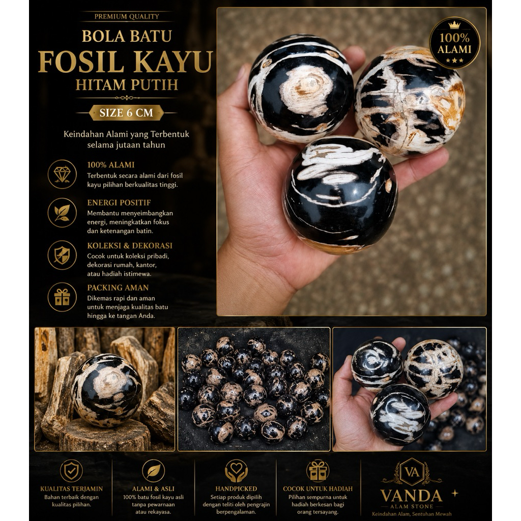 1pcs Bola Fosil Kayu / Galih Kelor Hitam Putih 6cm