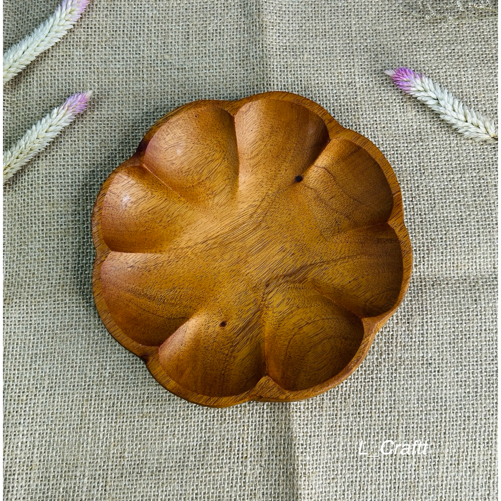 piring kayu/piring saji/piring motif bunga/piring kayu mahoni 17cm