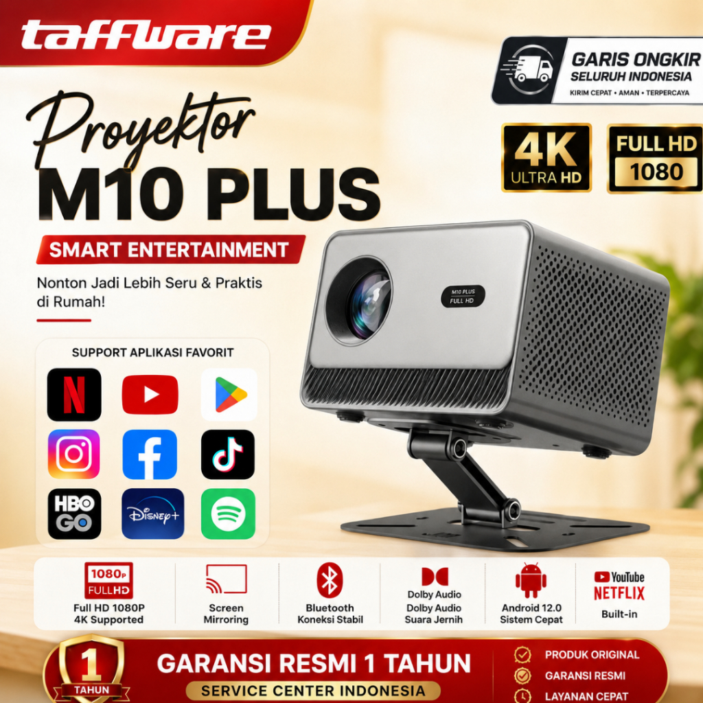 Proyektor M10 Plus Android 11.0 Mendukung UHD 4K Home Theater Fokus Otomatis Wifi Ganda TV HDR Proye