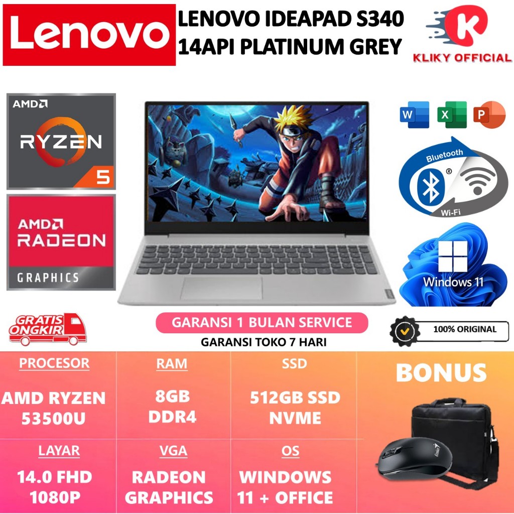 Laptop LENOVO IDEAPAD S340 AMD RYZEN 5 3500U RAM 8GB SSD 512GB 14.0 FHD RADEON WIN 11 BERGARANSI