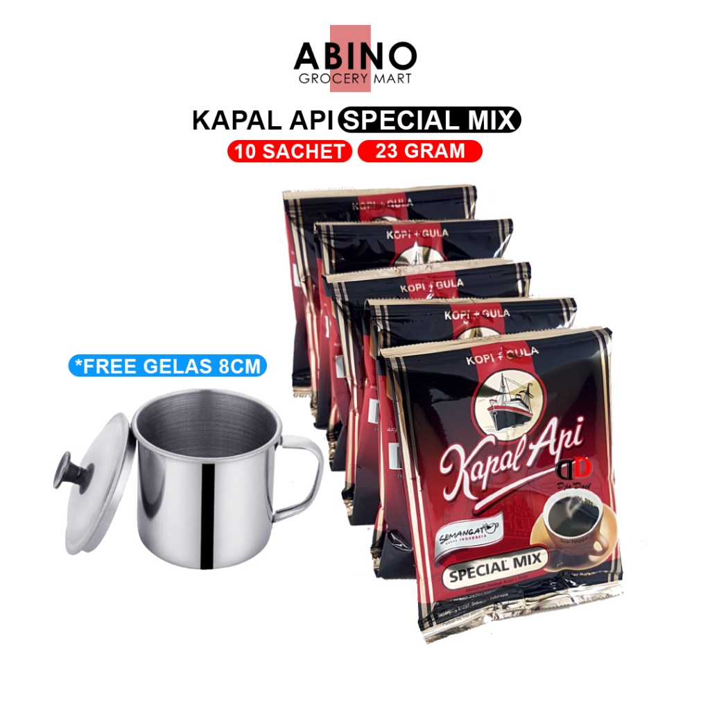 Kopi Kapal Api Special Mix 10 Sachet x 23gr (1 Renteng) Free Gelas Mug Cangkir Stainless 8cm