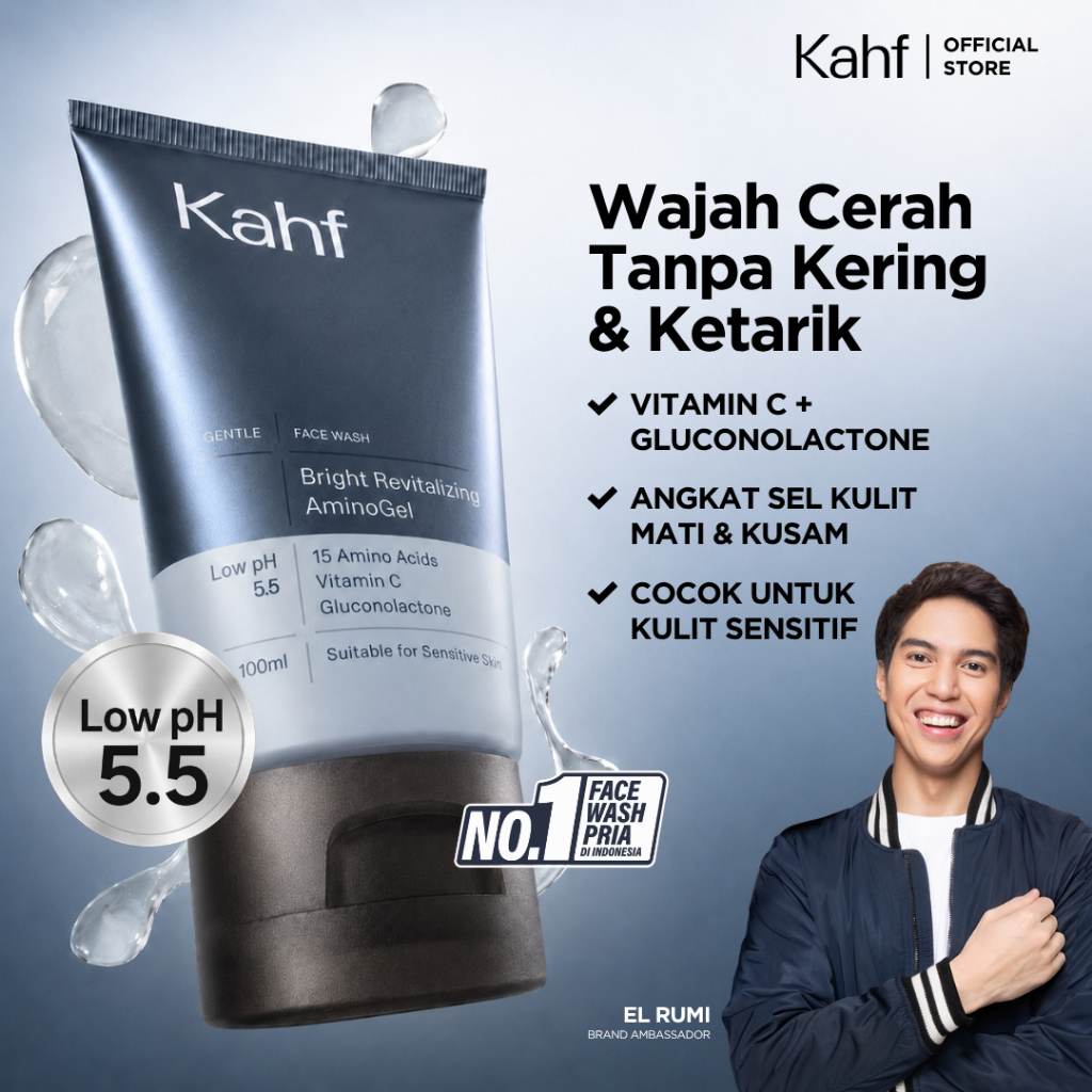 Kahf Bright Revitalizing Amino Gel Face Wash 100 ml – Sabun Cuci Muka Pria Kulit Sensitif untuk Menc