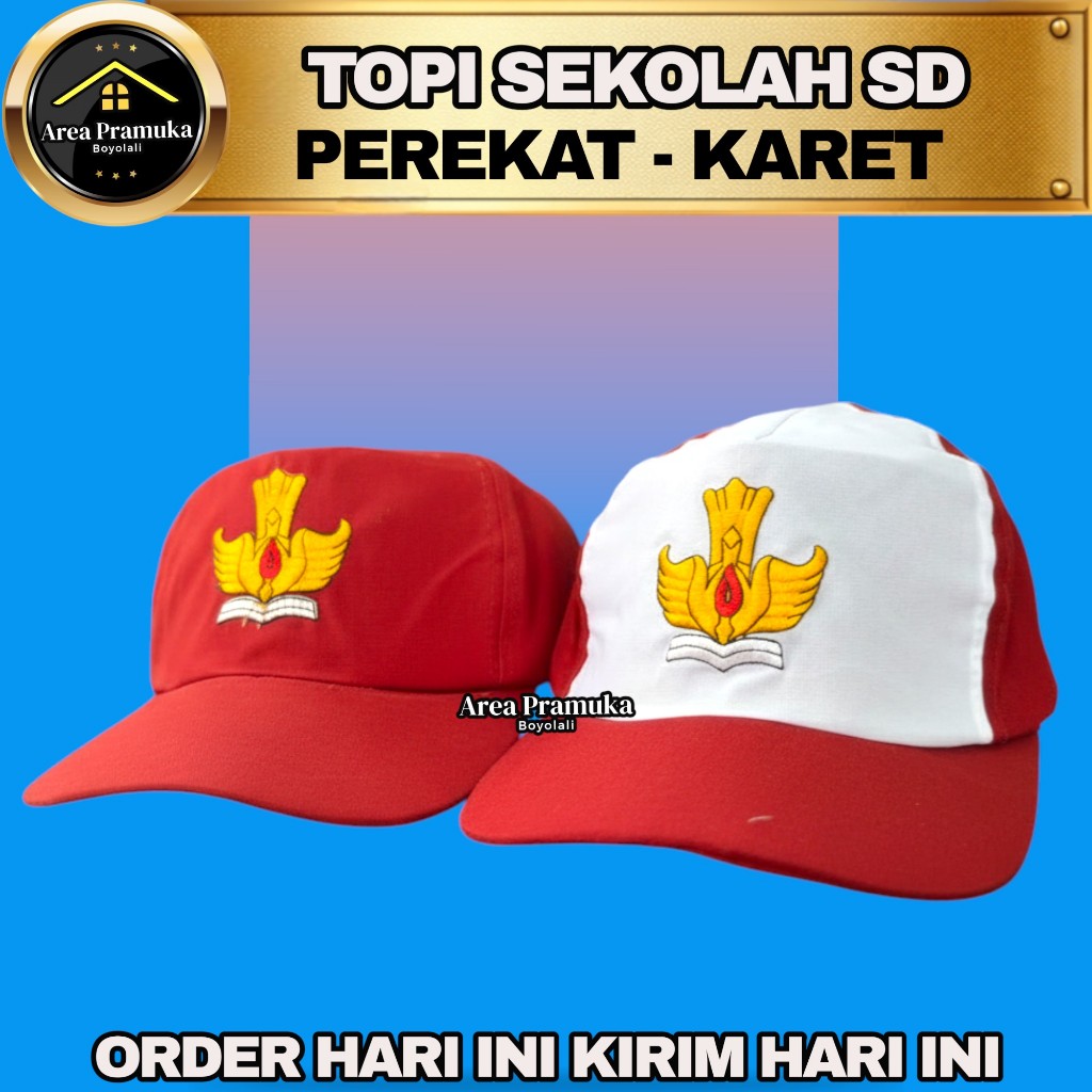 Topi SD perekat dan karet |topi sekolah SD merah putih| merah full