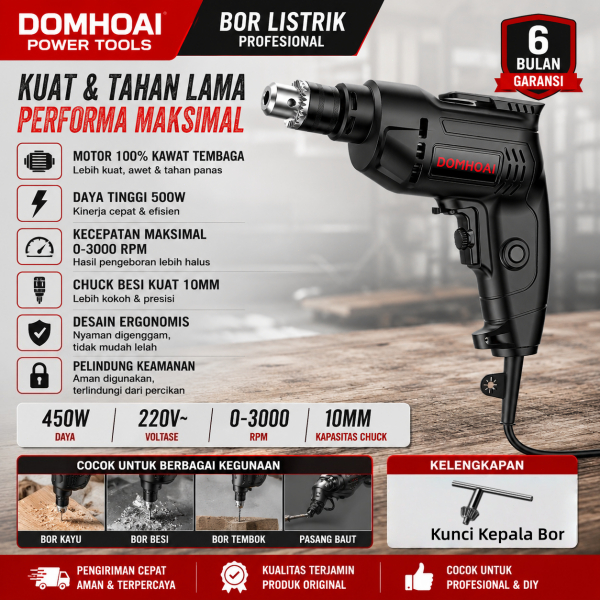 DOMHOAI Bor Listrik Genggam 450W/220V, Bor Listrik Multifungsi/Alat Pengebor Lubang pada Logam/Tanah