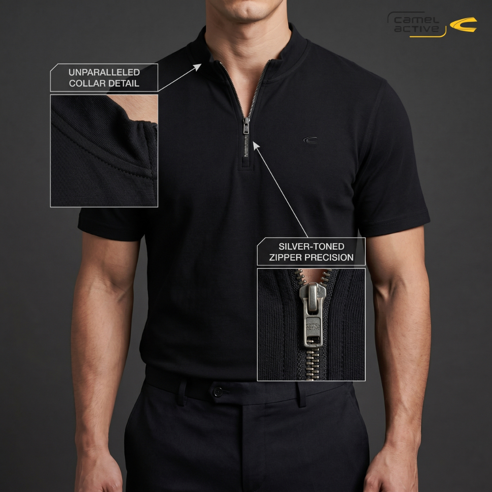 camel active Men's Black Cotton Bamboo Spandex Zipper T-Shirt