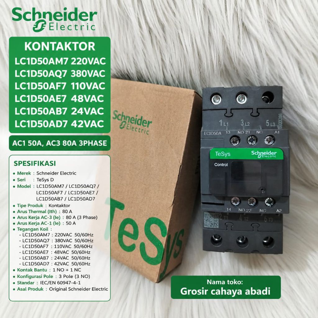 kontaktor, contactor Schneider LC1D50A VARIAN (50A-80A), lc1d50aq7 380v, lc1d50am7 220v, lc1d50af7 1