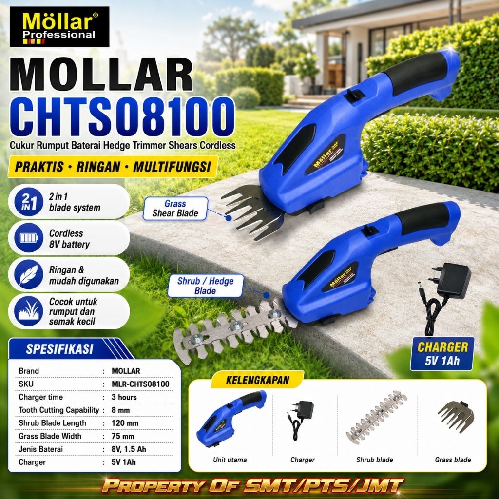 MOLLAR CHTS08100 Pemotong Tanaman Rumput Rumah Baterai Hedge Trimmer Cordless