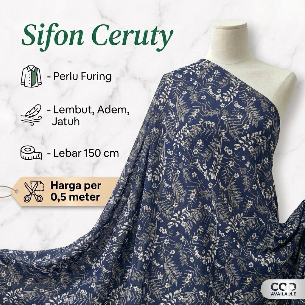 Kain Sifon Ceruti Premium Motif Bunga Kecil Vintage denim - Bahan Gamis, Khimar & Dress Mewah - Lemb
