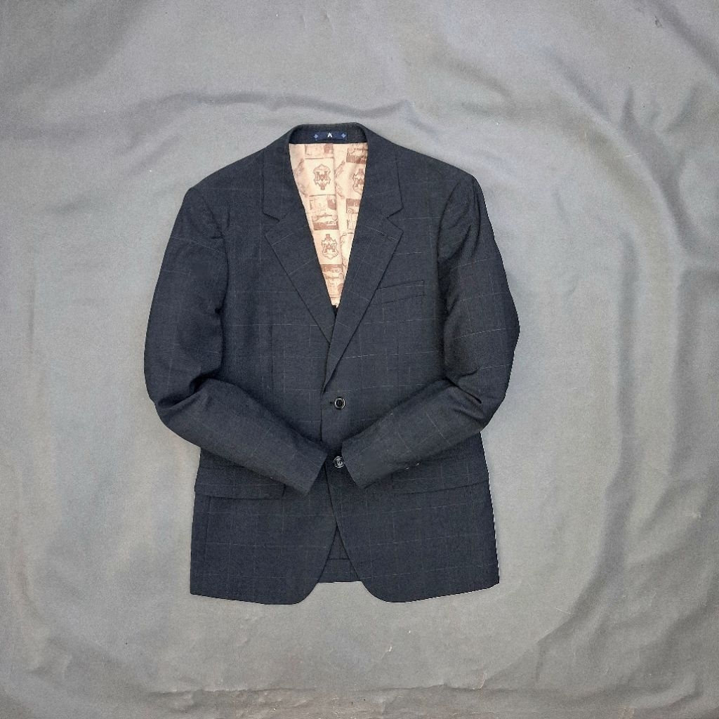 Preloved jas pria motif kotak kotak aya morie/jas pria casual second size M tanpa minus/jas hitam ab