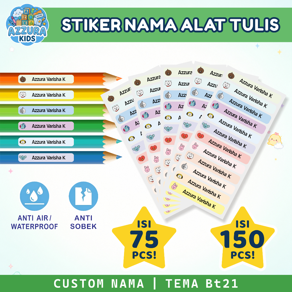 Stiker Nama Karakter Lucu Custom Label Alat Tulis Buku Pelajaran Sekolah - BT21