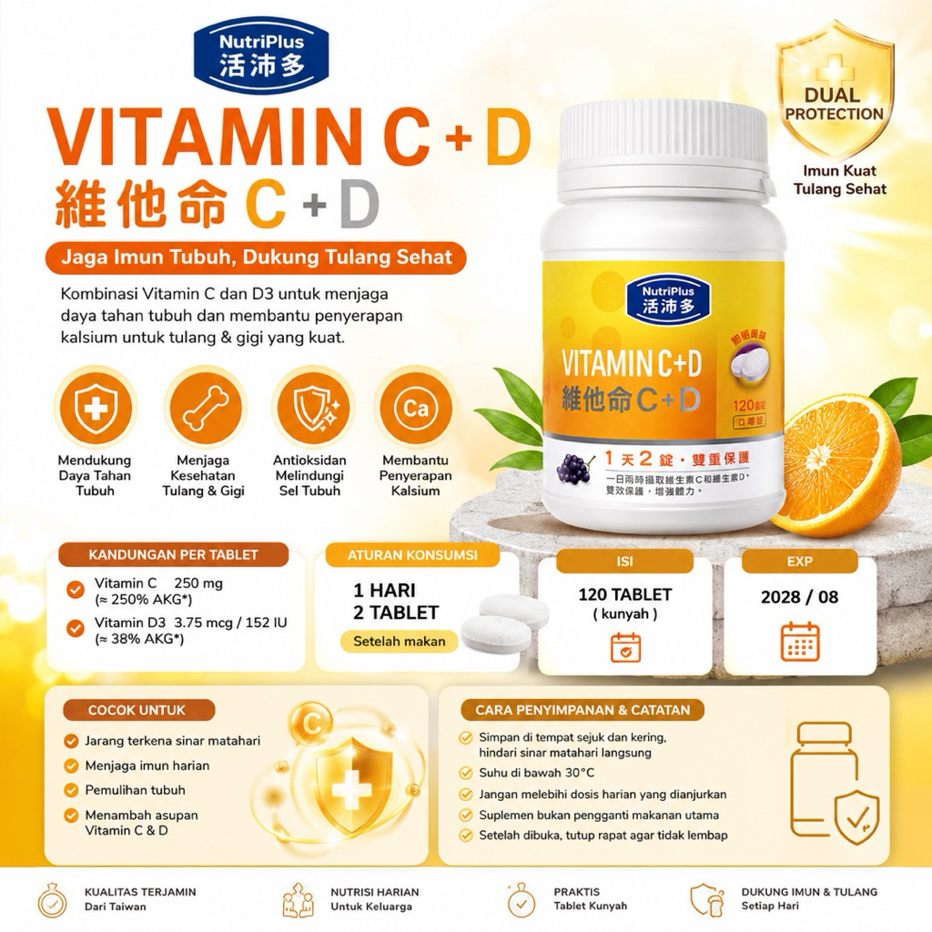 NUTRIPLUS Vitamin C + D Tablet Kunyah 120 Tablet – Suplemen Vitamin C & D