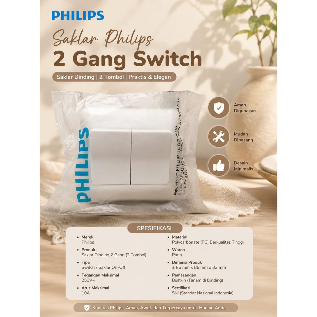 Saklar Philips | Saklar Seri | Ess 2 Gang Switch [ Original Philips ]