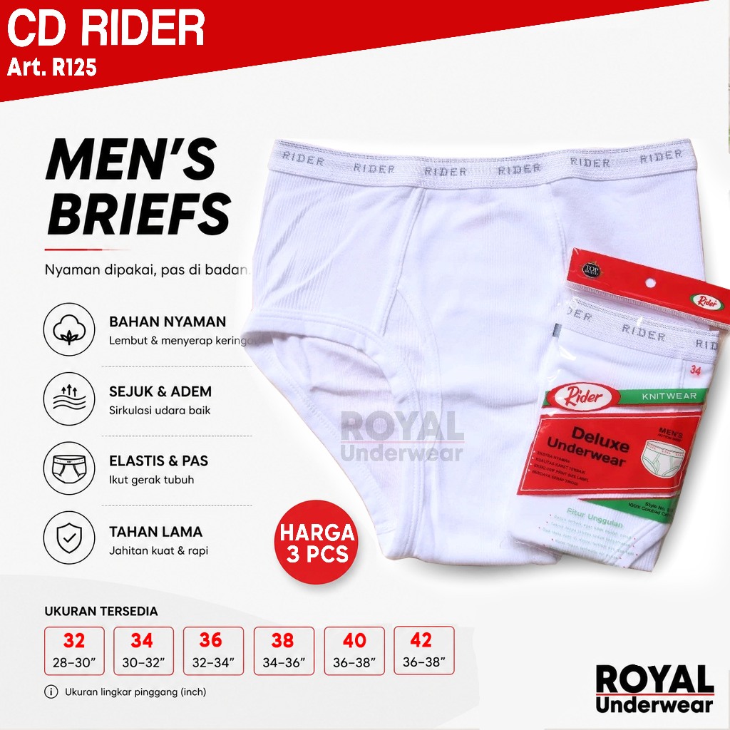 3 PCS - CD Rider 125B Salur| CD Hing's 125 B  Ukuran 32, 34, 36, 38, 40, 42 | Celana Dalam Pria HING