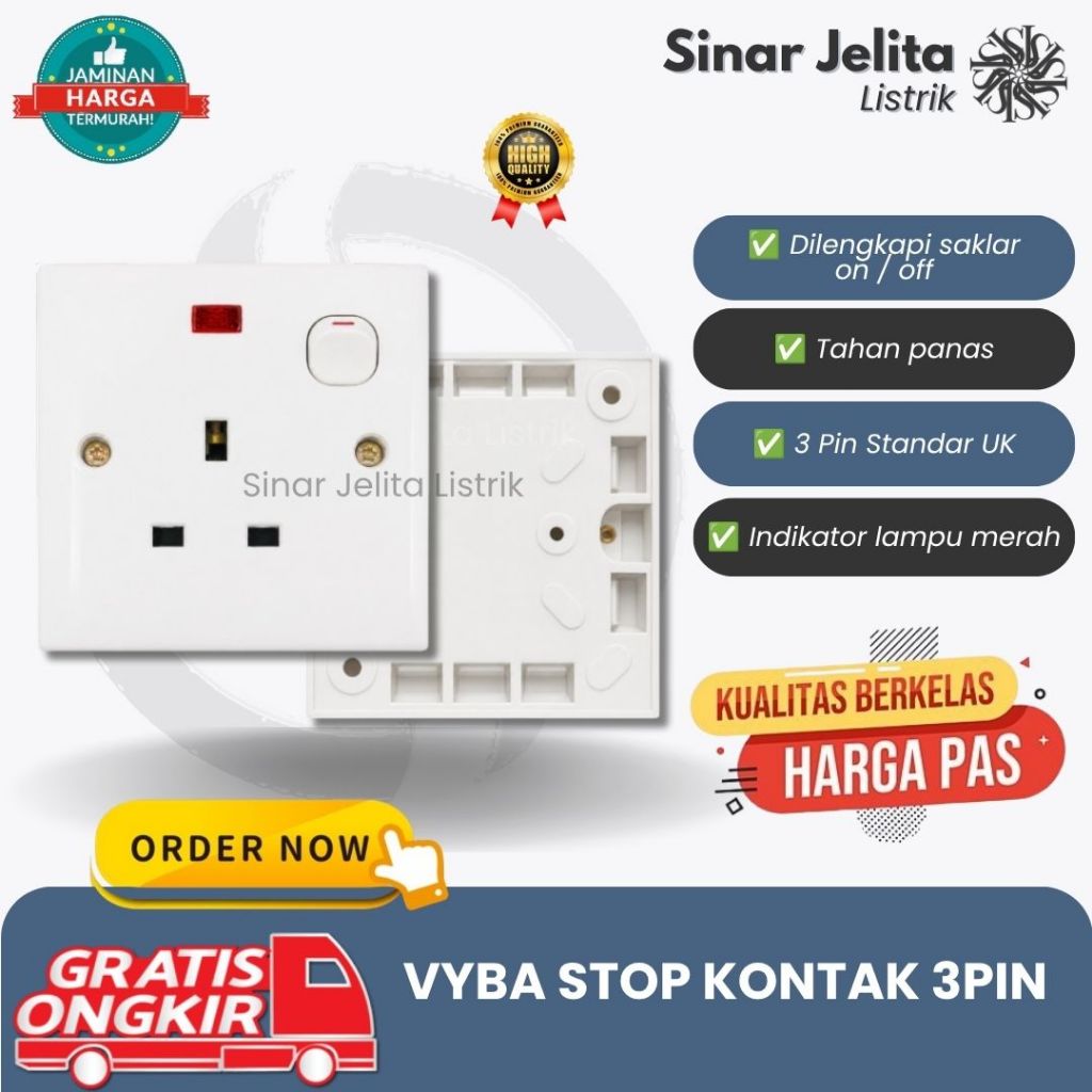 VYBA Stop Kontak 3Pin Murah Bukittinggi | Stop Kontak Outbow AC SET Dengan Tombol Switch