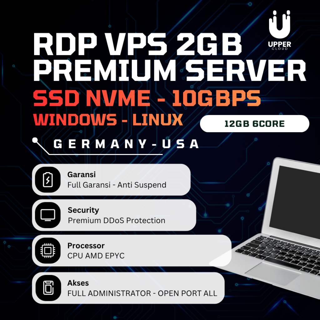RDP VPS Premium USA Germany 12GB RAM 6 Core 250GB NVMe SSD Full Akses Bisa Perpanjang