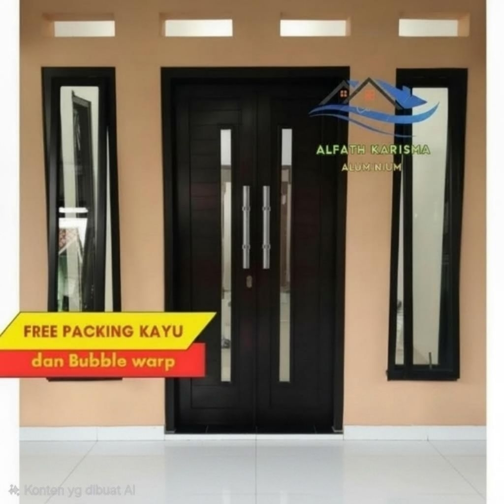 Pintu Utama kupu-tarung Aluminium model 2 garis kaca (T200xL120) & Jendela kanan-kiri (T150xL40) ful