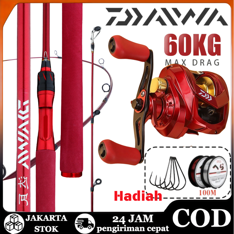 Joran DAIWA Merah Casting + Reel Baitcasting 8.2:1 - Paket Lengkap Perlengkapan Pancing Lure - Bonus