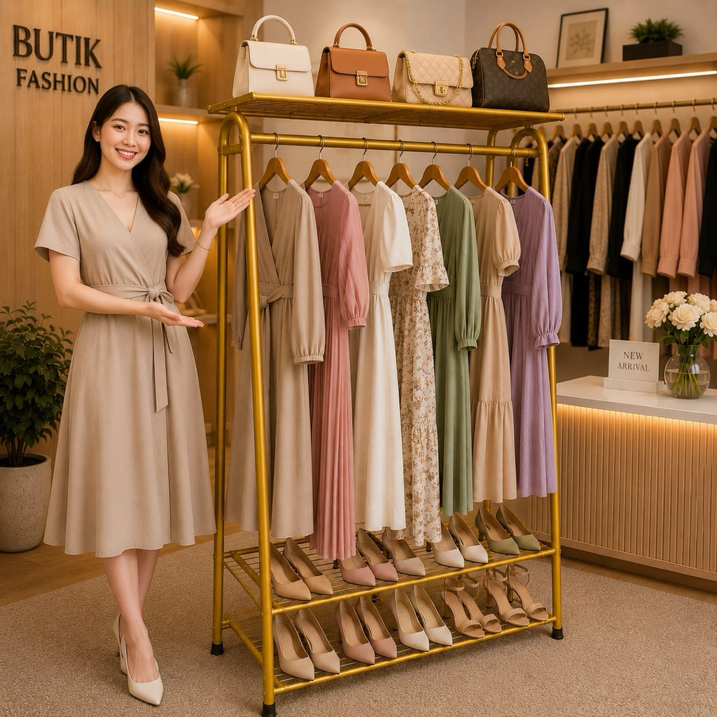 Rak Gantungan Baju Gold Multifungsi dengan Rak Sepatu & Rak Tas 3 Susun – Display Butik Minimalis Pr