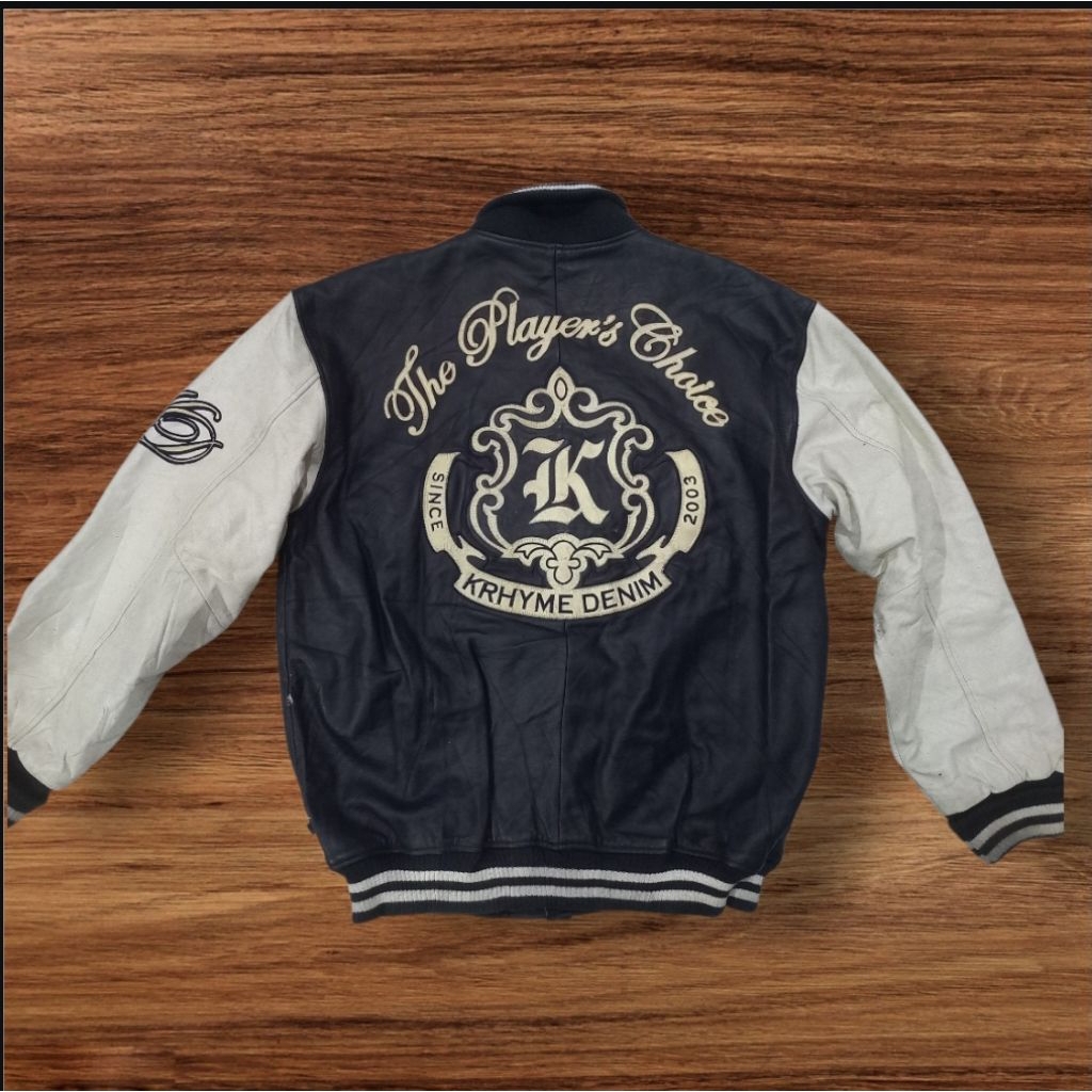 Khryme denim bomber varsity leather jacket not avirex perfecto rbc vanson