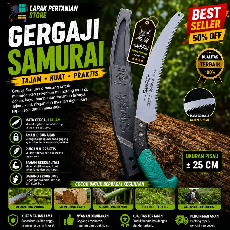Gergaji Bonsai Pruning Samurai Japan + Sarung Wadah - Pruning Hand Saw SAMURAI JAPAN Melengkung Tang