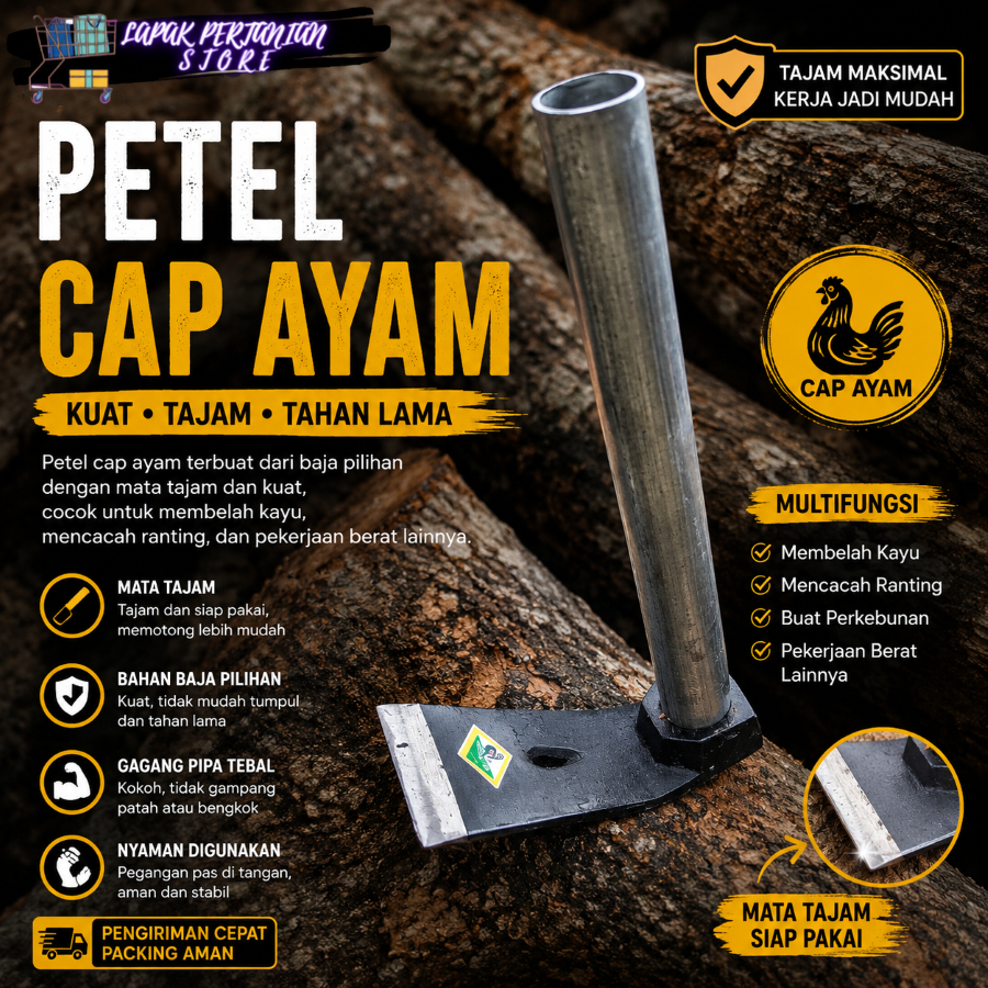 Petel Cor Siap Pakai Gagang Besi Cap Ayam Jago - Petel Rimbas Kayu Pohon - Gatul Rumput - Cangkul Ta