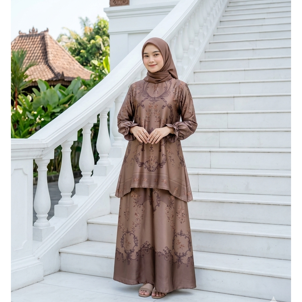NMR by Namira setrok  stelan tunik rok baju kurung melayu silky premium motif printing standar hingg