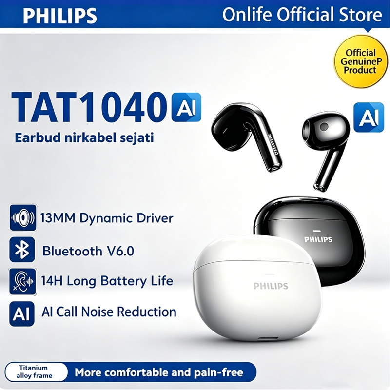 Philips TAT1040 Earphone Bluetooth TWS Earphone Nirkabel Headset Bluetooth 6.0 Earphones BT Handset 