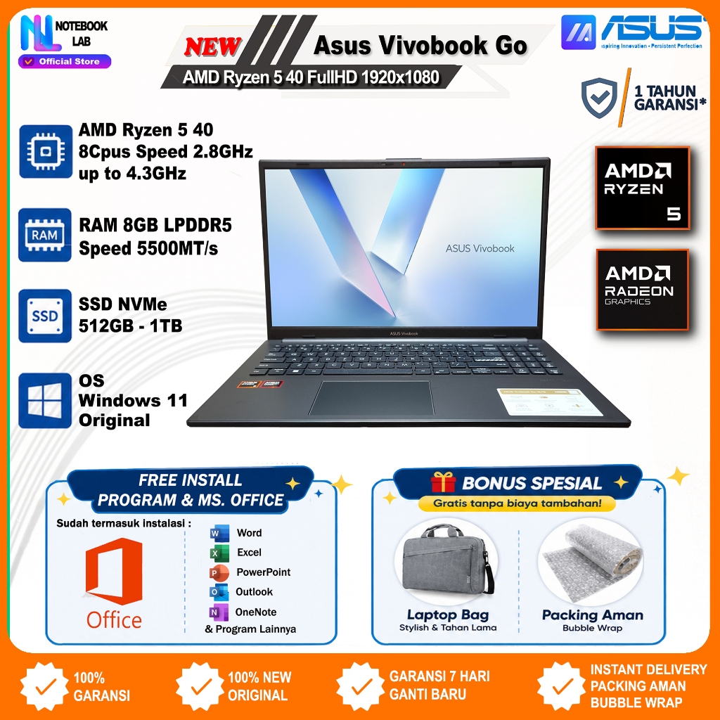 Asus Vivobook Go AMD Ryzen 5 40 8/512GB FullHD Windows 11 Ori