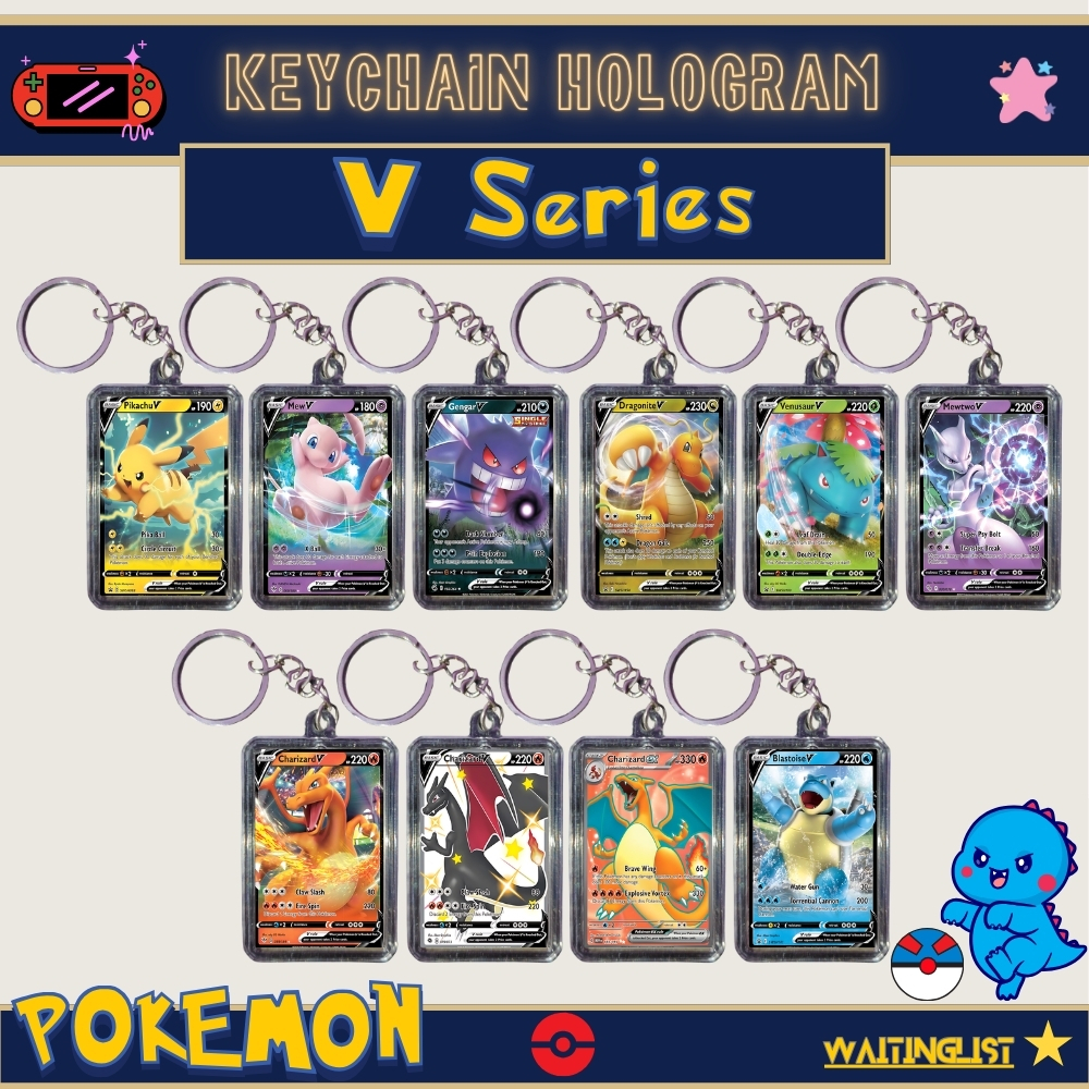 Keychain Gantungan Kunci HOLOGRAM Pokemon V Series - Charizard Pikachu Mewtwo Gengar Dragonite Celeb