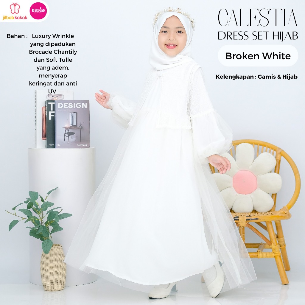 Dress Anak Perempuan Gamis Set Hijab Brukat Broken White Gamis Pesta Gamis Modern Gamis Brukat