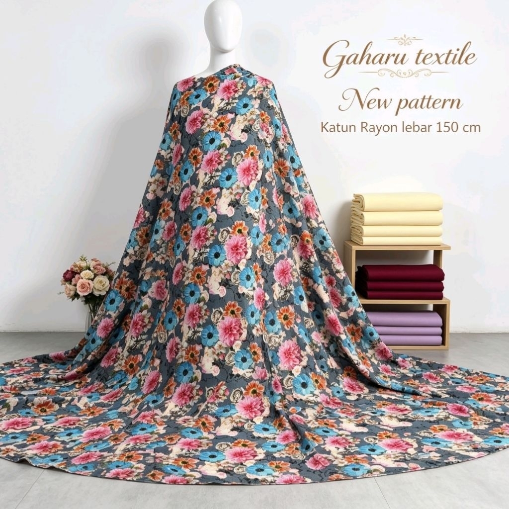 bahan katun rayon premium - rayon viscose motif bunga - rayon viscose meteran (CTK)