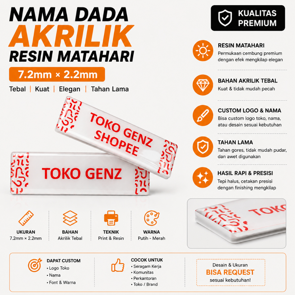 NAMA DADA AKRILIK RESIN/PAPAN NAMA MATAHARI/ NAMETAG MATAHARI