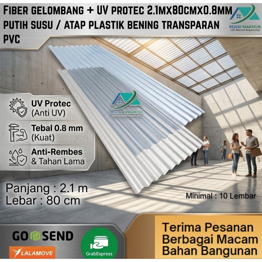 Fiber gelombang + UV protec 2.1 Meter x 80 cm x 0.8 mm putih susu / Atap plastik bening transparan p