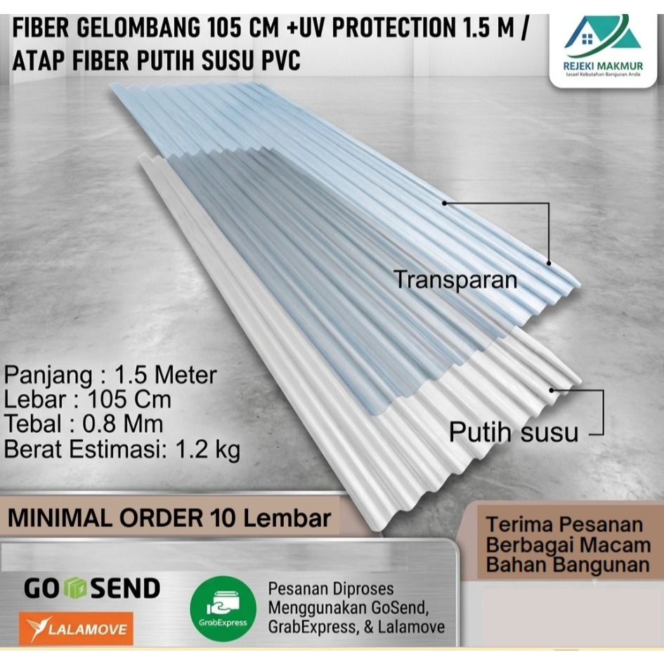 Fiber gelombang + UV protec 1.5 meter x 105 cm x 0.8 mm warna putih susu / Atap plastik bening trans