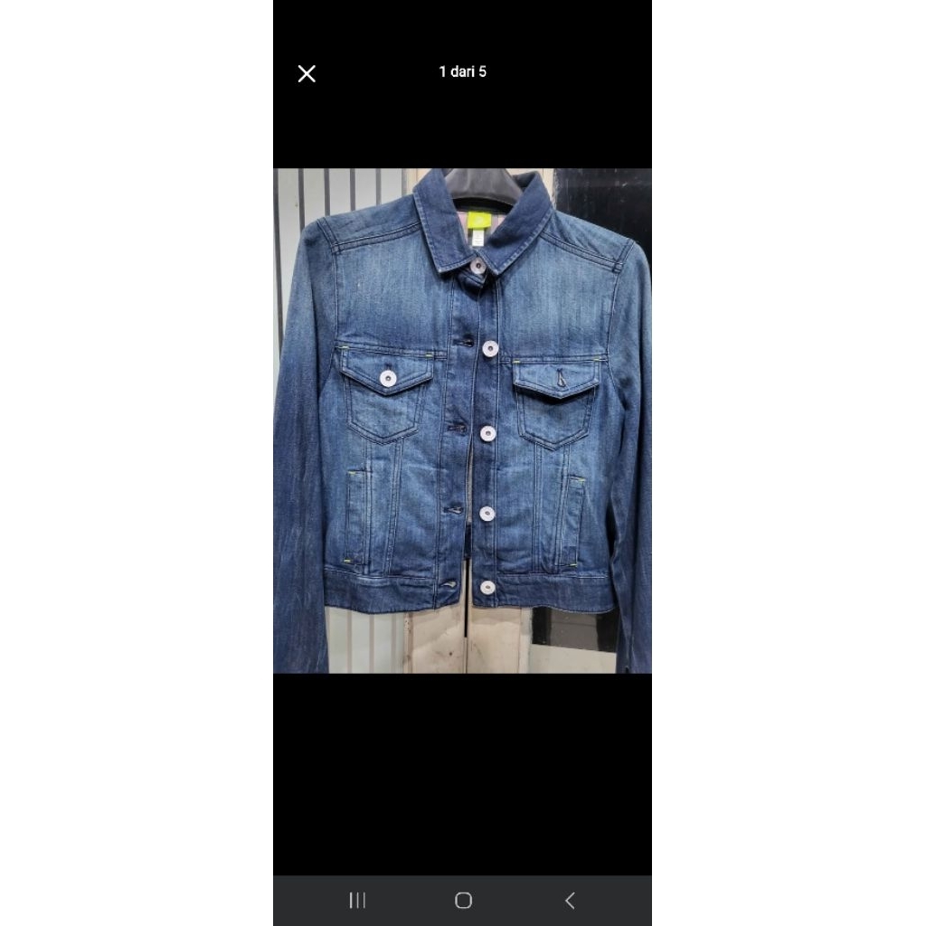 Adidas Neo Denim Trucker Jacket Women Semi Crop Jeans Biru Size L
